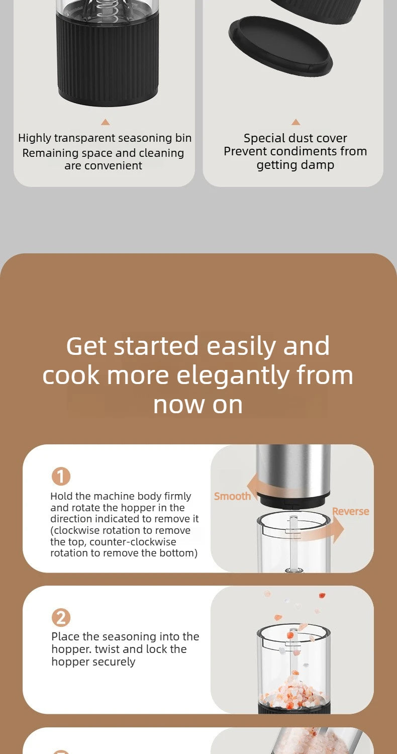 Rechargeable Automatic Salt Pepper Grinder Set Electric Grinding Mill with External Coarseness Adjustment Home Kitchen Gadgets