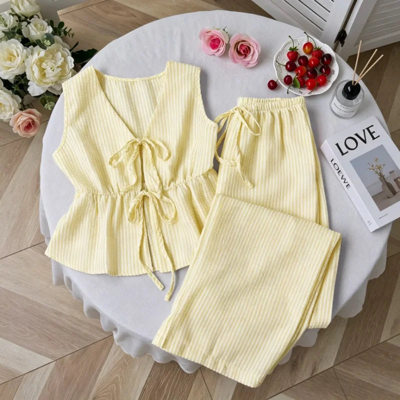 Striped Two Piece Set Women V Neck Bow Lace Up Sleeveless Blouse High Elastic Waist Wide Leg Pants Suits Sweet Casual Tracksuits