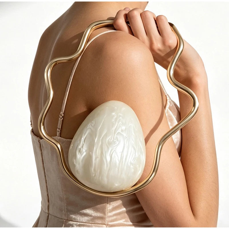 Egg Shape Acrylic Iron Box Handbag,Women Irregular Metal Frame Evening Bag,Luxury Wedding Elegant Party White Clutch Purse