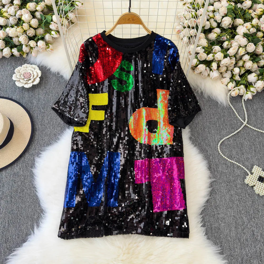 Korean version medium to long loose and lazy T-shirt women half sleeved paired round neck sequined letter top dance outfit