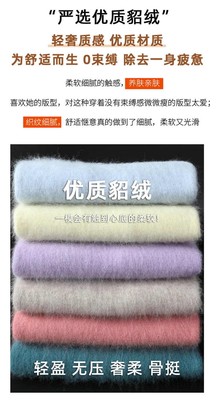 Women's Pile Collar 100% Mink Cashmere Sweater Winter High Collar Knitted Pullover Casual Short Thick Tops Loose Warm Base Shirt