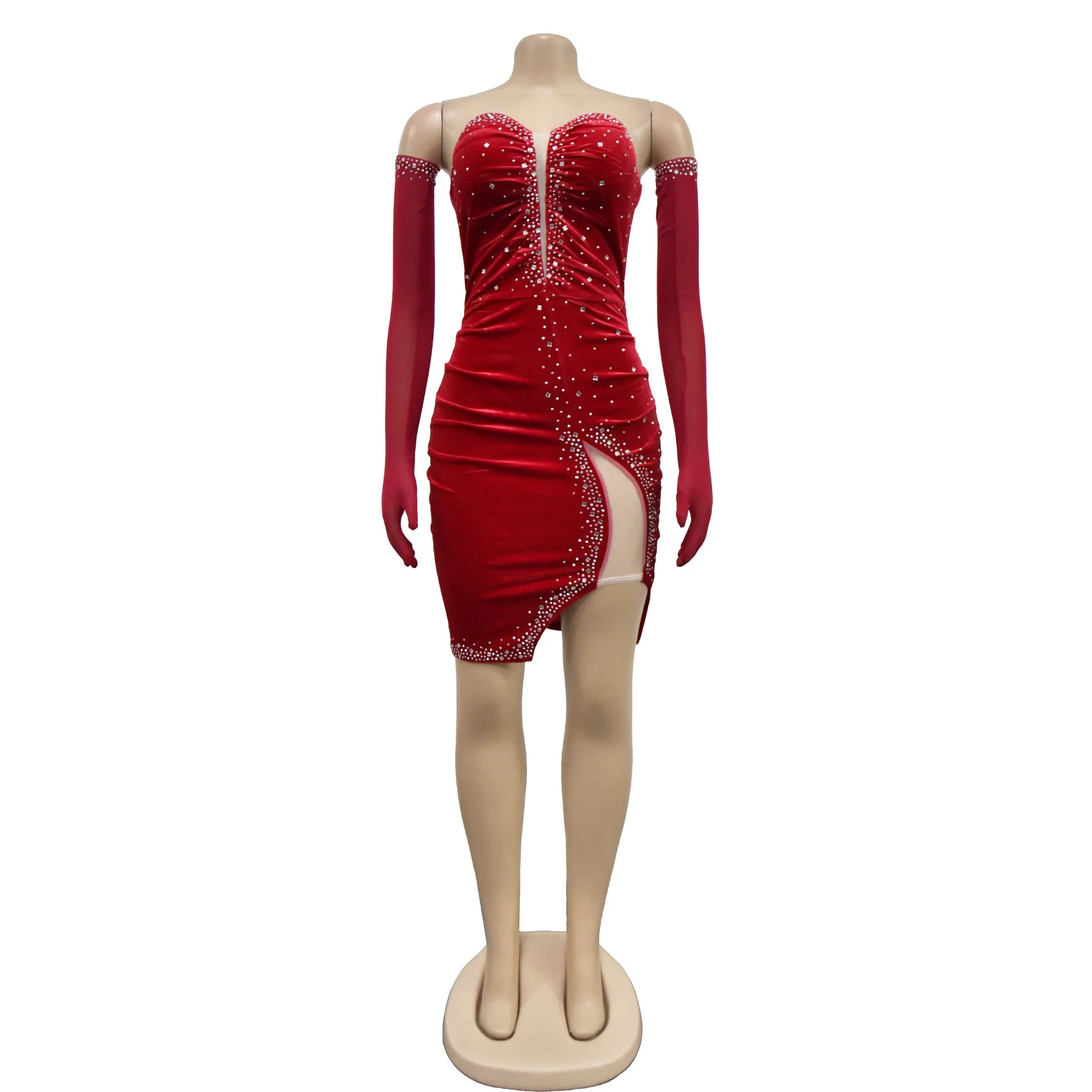 Women Diamonds Hot Rhinestones Velvet Ruched Side Split Bodycon Midi Dress with Cuff 2026 Sexy Party Dresses Vestidos