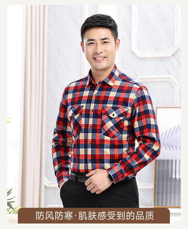 2025 Autumn Winter Men's Fashion Plaid Striped Print Shirts Double-sided Fleece Long Sleeve Thick Warm Shirts Soft Big Size 7XL