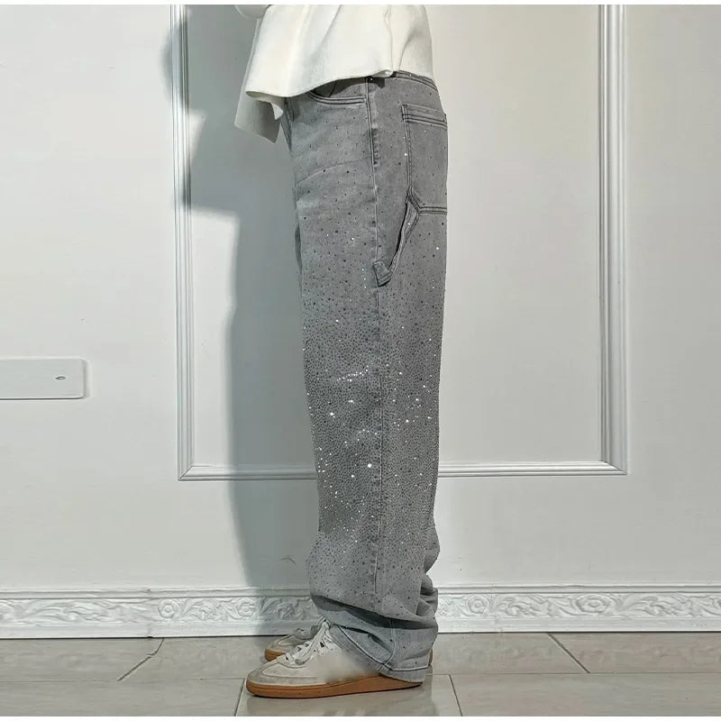 Shiny Rhinestone Baggy Women's Wide Leg Jeans Full Diamond Wide Leg Dragging Denim Pants Vintage Washed Pants Casual Trousers