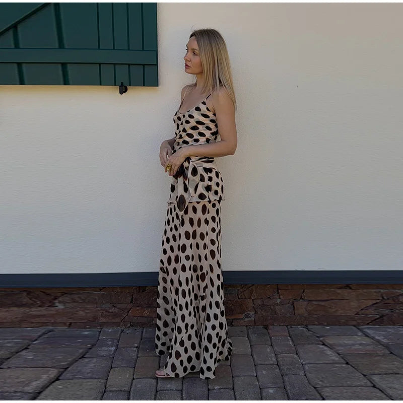 Vintage Print Maxi Dress Square Neck Spaghetti Strap Sleeveless Off Shoulder Detachable Wrap Tie Sash Dresses 2026 Chic Outfits