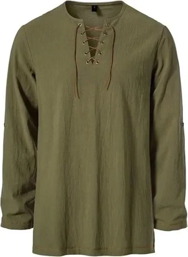 Men Medieval Lace Up Linen Long Sleeve Tunic Viking Pirate Renaissance Cosplay Shirt With Vintage Embossed Leather Belt