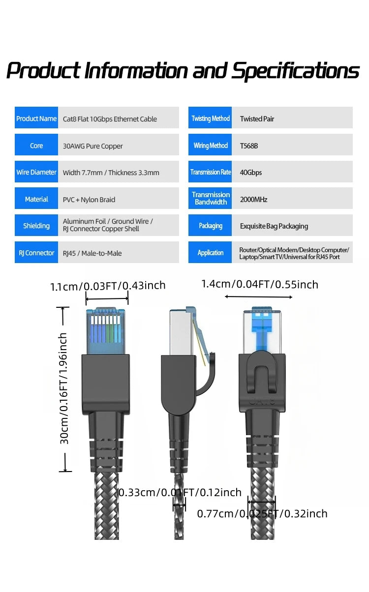Cat 8 Ethernet Round Cable LAN Network Cat8 Rj45 Speed Network Cable 40Gbps Flat Cable 2000Mhz 26AWG For Router Pc Ps4 TV Laptop