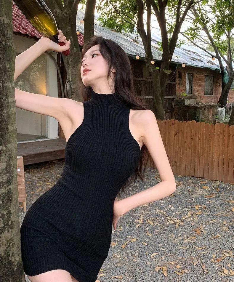 Korean Style High Neck Knitted Dress Women's Slim Fit Summer Pure Desire Design Sensual Girl Inner Wear Bodycon Skirt Trendy