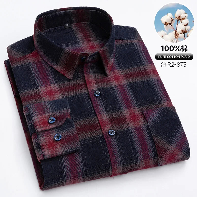 Classic Retro Plaid Flannel Shirt Long Sleeve 100% Cotton Fashion Casual Soft Spring Autumn Winter Standard Pocket Men's Shirt