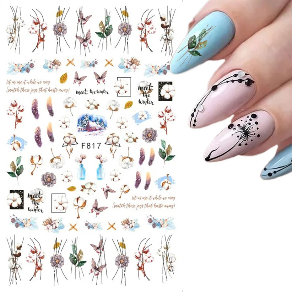 Autumn and Winter Blue Landscape Lines Flowers Birds Butterfly 3D Stickers Nail Art Decals Nail Parts Christmas Nail Stickers
