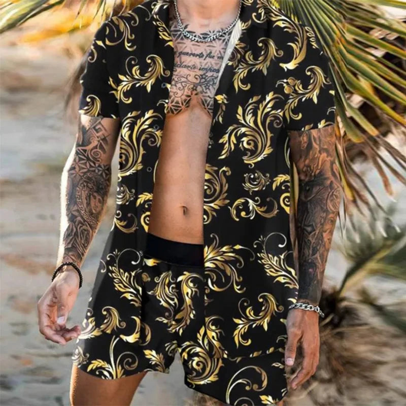 2024 Summer Men's Fashion Leopard Print Short Sleeve Shirt And Shorts Set Beach Style T Shirt Breathable Shorts Two Piece Set