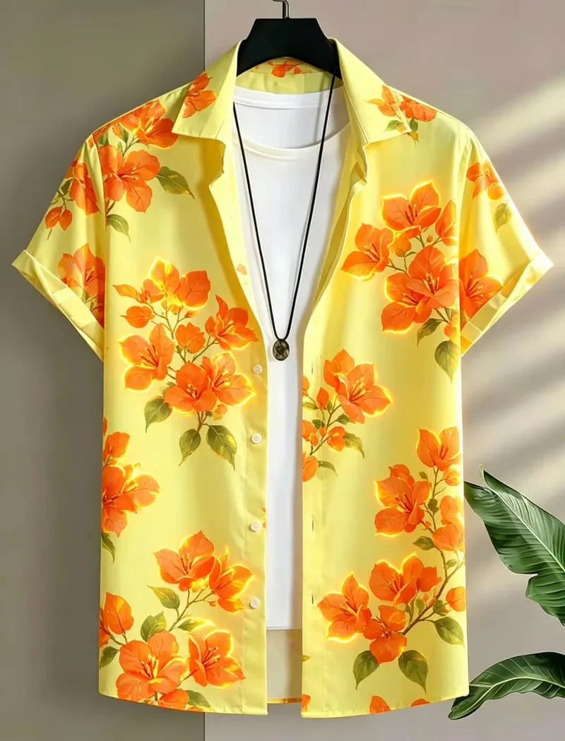 Men's Fluorescent Floral Printed Vacation shirt, Suitable For Summer wear, Casual activities, And Versatile Tropical Style
