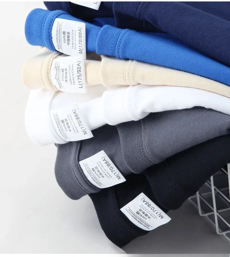 Spring Autumn 300g Heavy-duty Pure Cotton Long Sleeved  T-shirt FLoose White Top Thick Base Layer Underneath for Men and Women