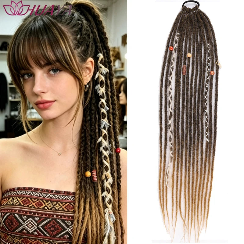 24 Inch Dreadlocks Ponytail Hair Extensions Synthetic Fibers Boho Braided Hairpieces With Beads Festival Cosplay Easy Wear