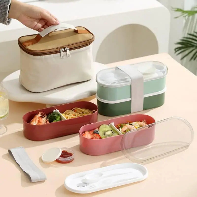 Double Layer Portable Lunch Box Set with Fork And Spoon Microwave Safe Bento Food Storage Container Dinnerware for Picnics And W
