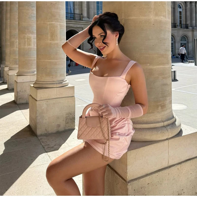 Women Sexy Square-neck Halter Mini Dress 2025 Pleated Sleeveless Backless High Waist Bodycon Dresses New Summer Lady Party Gowns