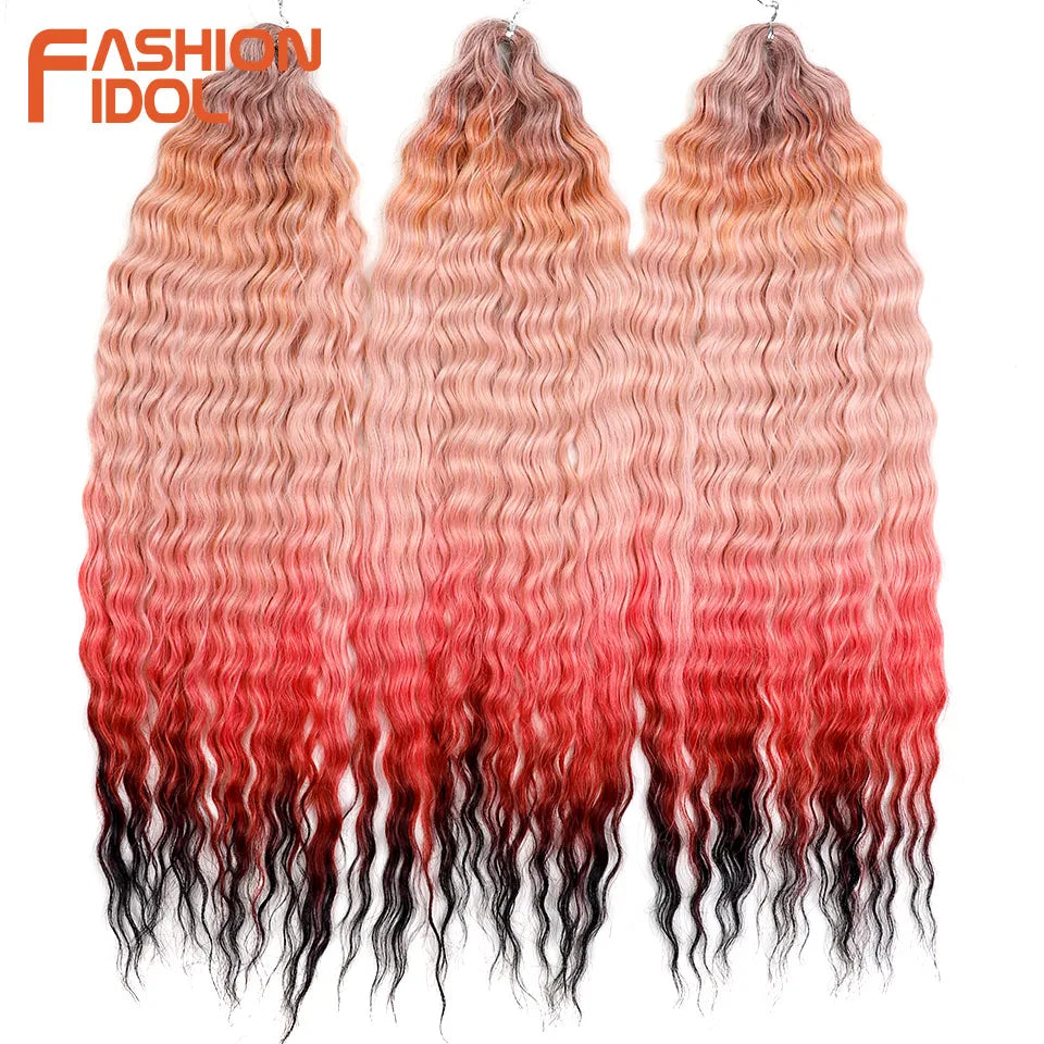 FASHION IDOL 24 Inch Ariel Hair Synthetic Crochet Curly Hair Water Wave Braid Hair Ombre Pink Deep Wave Braiding Hair Extensions