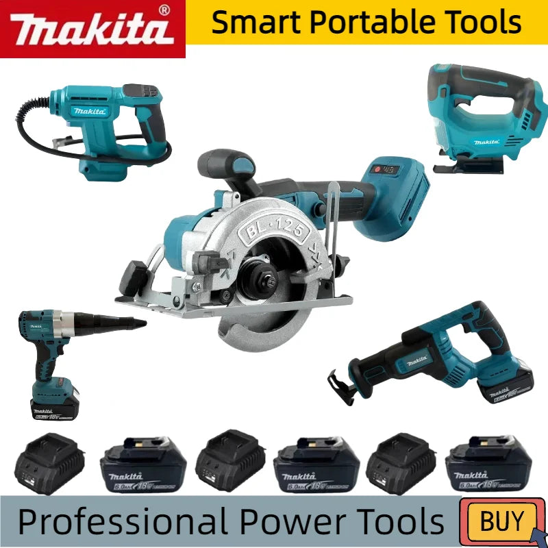 Makita Cordless Power Tool Set: Cordless Rotary Hammer, Rivet Gun, 12V Mini Angle Grinder, Cordless Saw, Air Inflator