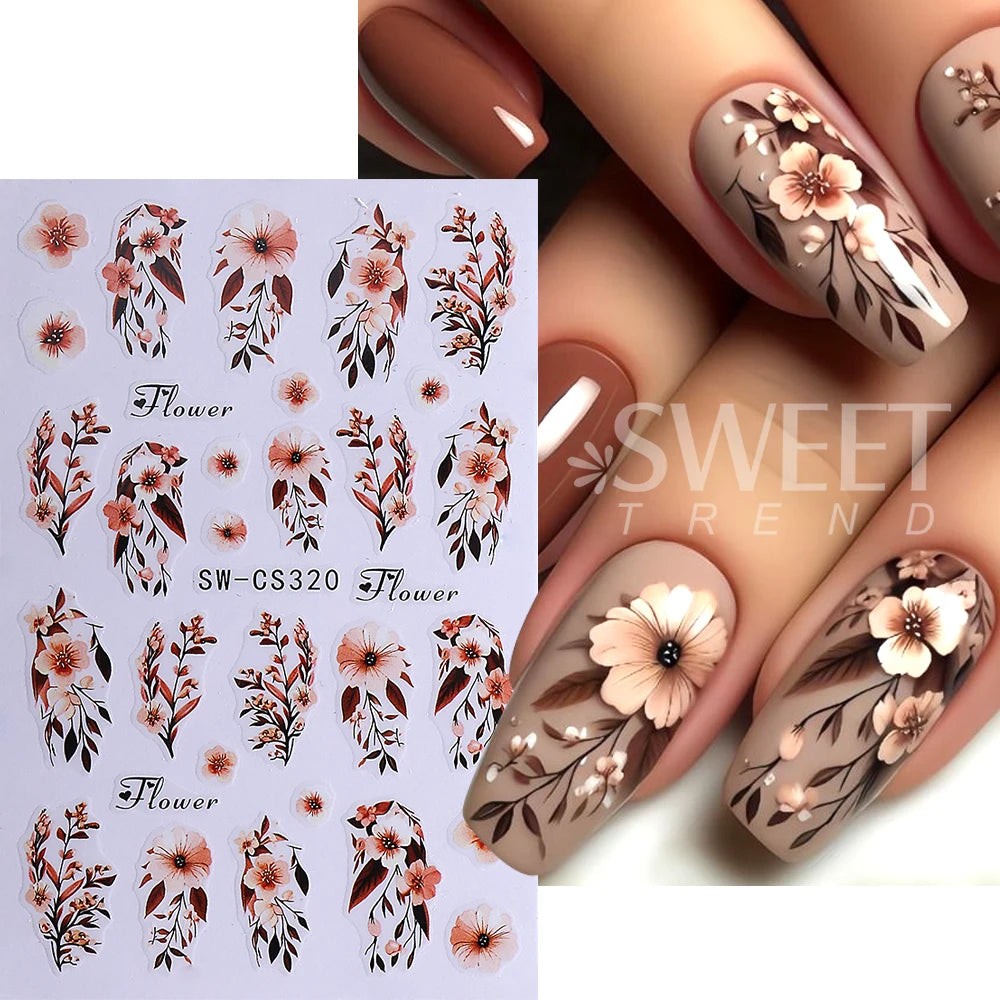 4pcs Autumn Winter Nail Art Stickers 3D Brown Maple Leaf Coffee Pattern Nail Decal Adhesive Slider Manicure Decorations Supplies