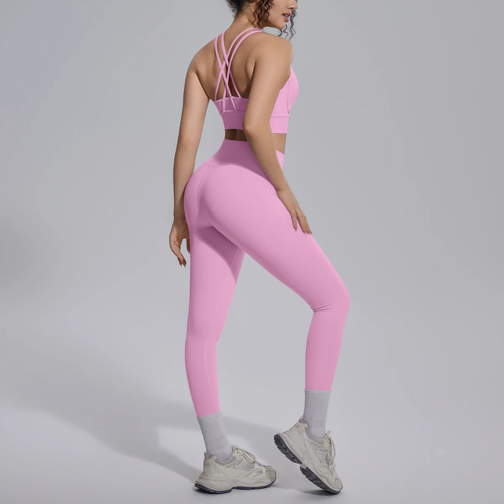 New Yoga Set for Woman Summer Gym Sports Running Bra Top Breathable Peach Buttocks Women Leggings Solid Color Yoga Set