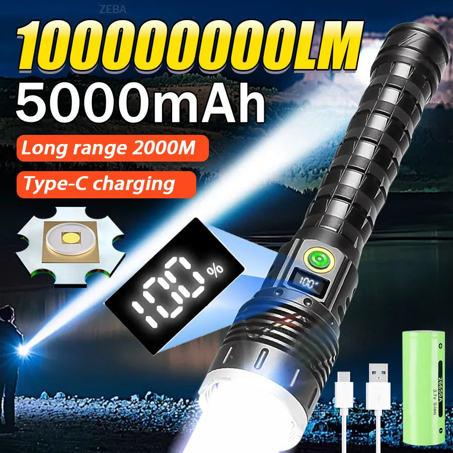 10000000lm Most Powerful Led Flashlight Rechargeable Type-c Flashlight Long Range 2000m Tactical Torch Light For Camping Hunting