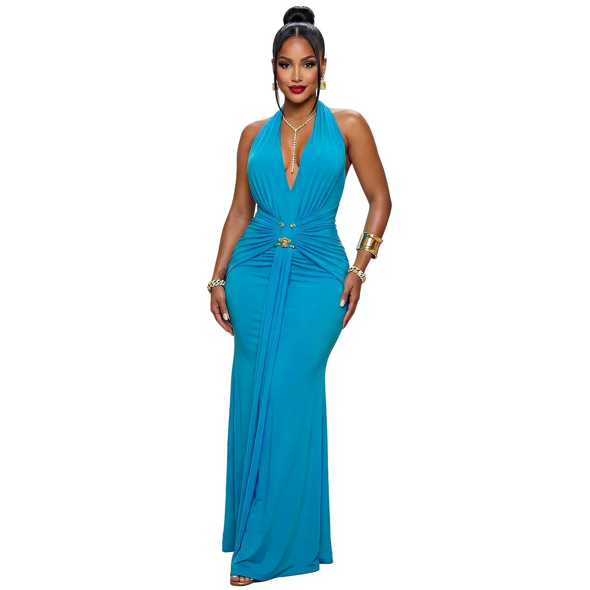 EINY Sexy Women White Halter Maxi Dress Elegant Backless Ruched Bodycon Long Gown Party Club Night Birthday Mermaid Dresses Y2K