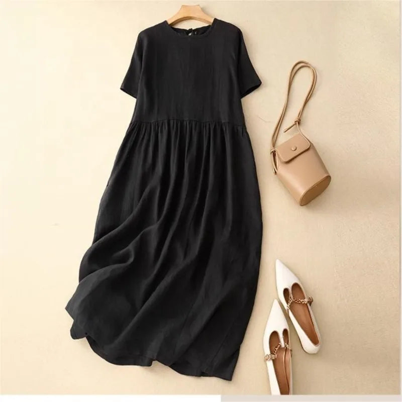Summer Cotton Linen Blended Thin And Breathable Dress Women Literary Big Swing Short Sleeve Solid Loose Casual Female Dresses