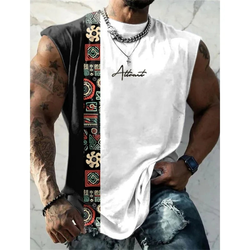 3D Printed Retro Ethnic Splicing Tank Tops For Men Colorful Pattern Tees Summer Loose Sports Street Round Neck Vest Casual Tops