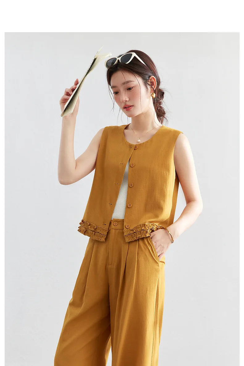 VIMLY Office Two-Piece Set Women 2026 Summer New Fashion Ruffle Hem Cropped Sleeveless Vest Wide Leg Pants Casual Outfit A6153