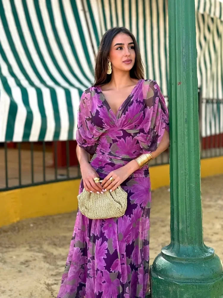 Women Solid Deep V-neck Mesh Long Dress Elegant Puff Short Sleeve Ruched Waist High Vestidos 2026 Summer Lady Casual Street Robe
