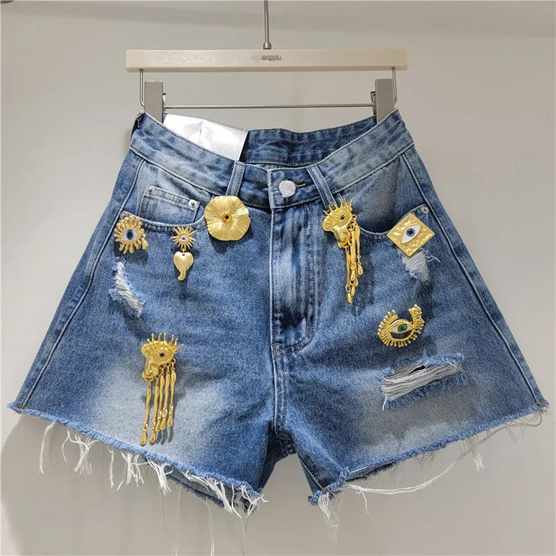 Women Denim Shorts Holes Spliced Print Jeans Pockets Solid Wide Leg Short Pant Tassels High Waist Trousers Casual Streetwear