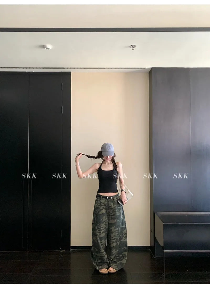YJKDYK High Waist Camouflage Workwear Jeans Women's Autumn Spring American Retro Wide Leg Floor-Length Pants Trendy High Street