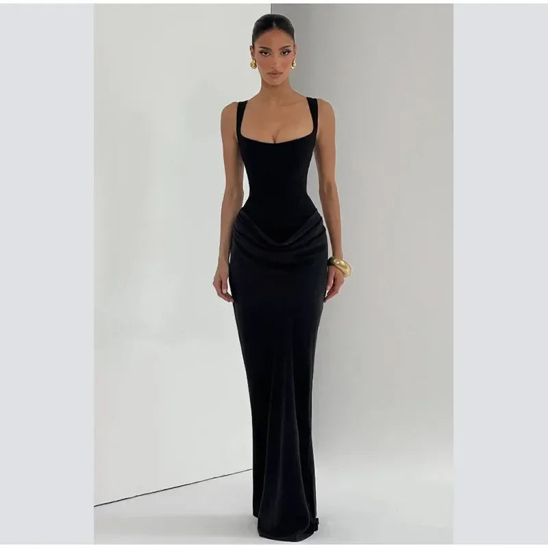 Women Sexy Square-neck Halter Mini Dress 2025 Pleated Sleeveless Backless High Waist Bodycon Dresses New Summer Lady Party Gowns