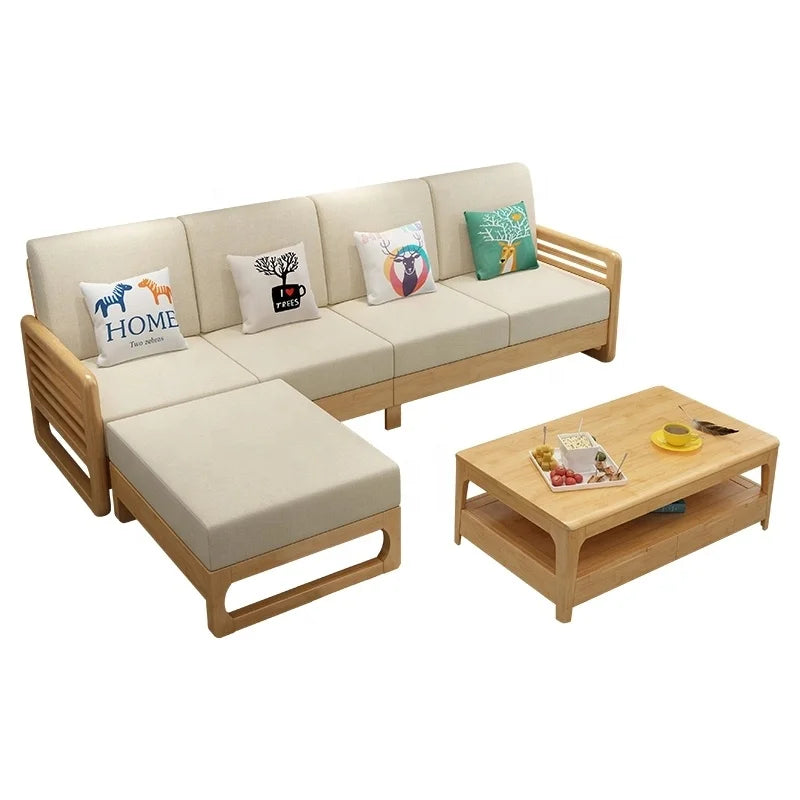 New Design Living Room High End Wholesale Customization Home Furniture Set Modern Solid Wood Frame Fabric Sectional Wooden Sofa