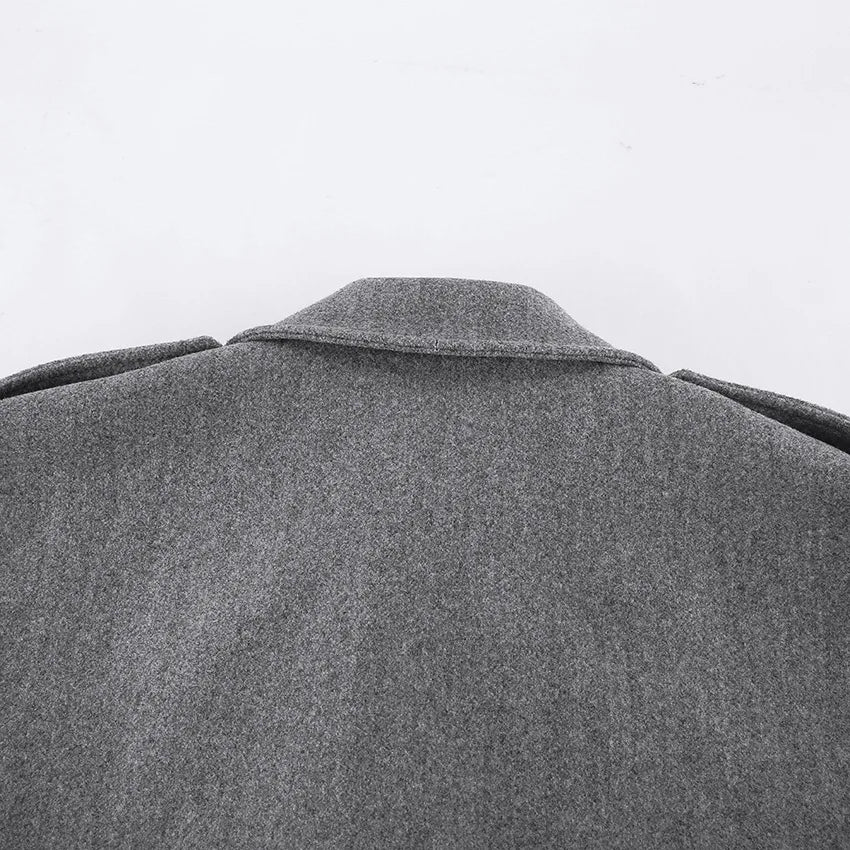 Gray Wool Blend Coat Notched Lapel Double Breasted Long Sleeve Cuff Detail Loose Mid-Length Women Commuter Woolen