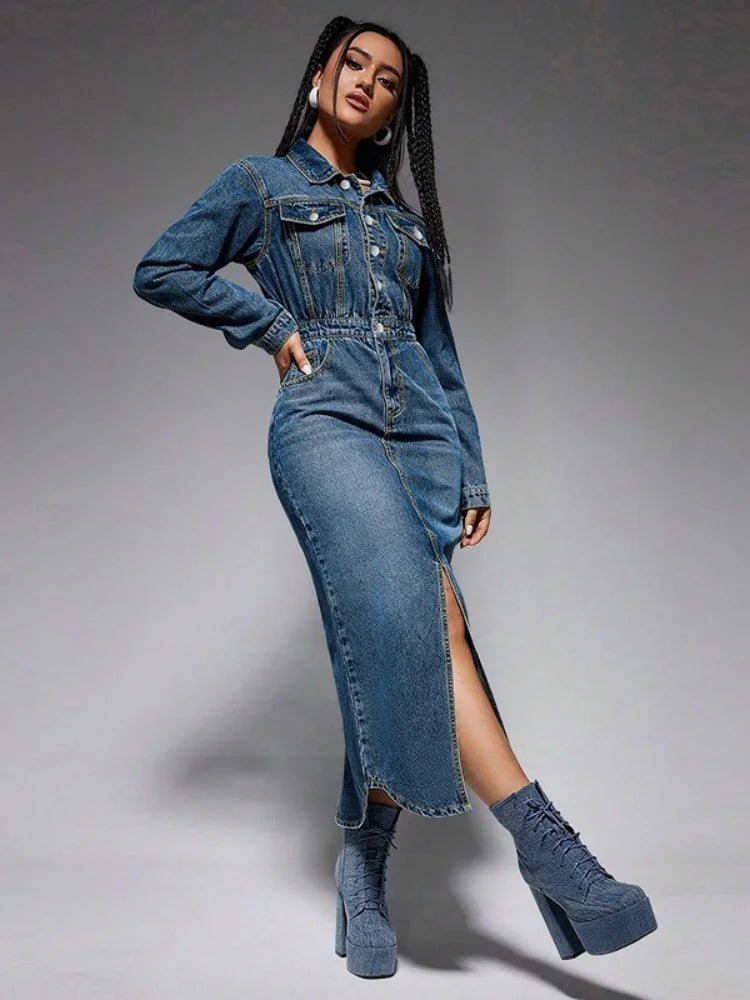 Wmstar Denim Dresses Women Long Sleeve Casual Button Pockets Maxi Dress Fall Clothes Fahion Streetwear Wholesale Dropshipping