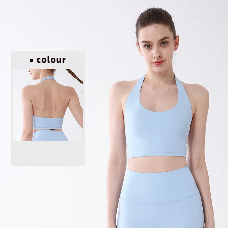 Sports Top Women Sexy Hanging Neck Yoga Bra High Intensity Shockproof Fixed Chest Pad Running Fitness Outdoor Leisure Yoga Vest