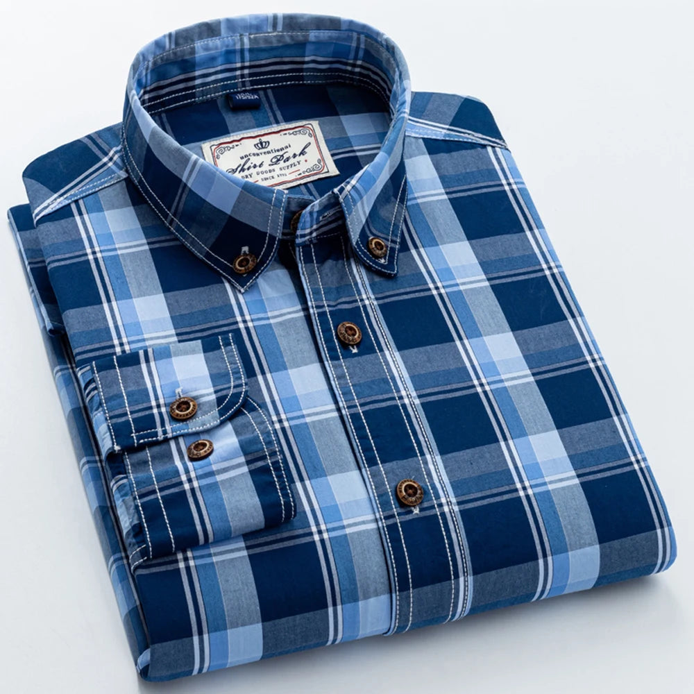 Men's 100% Cotton Plaid Long Sleeve Casual Shirt, Spring Autumn Lightweight & Breathable Slightly Slim Fit Button Down Shirts
