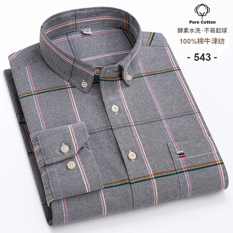 2024 Fashion Men Work Business Brand Shirt Mens Plaid Cotton Casual Dress Shirts Slim Fit Long Sleeve Button Down  Chemise Homme