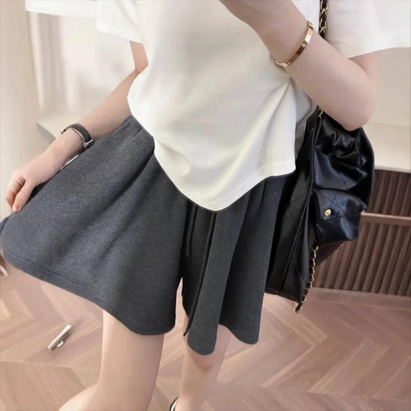 Women High Waist Drawstring Skort Solid A Line Wide Leg Casual Sports Pleated Shorts