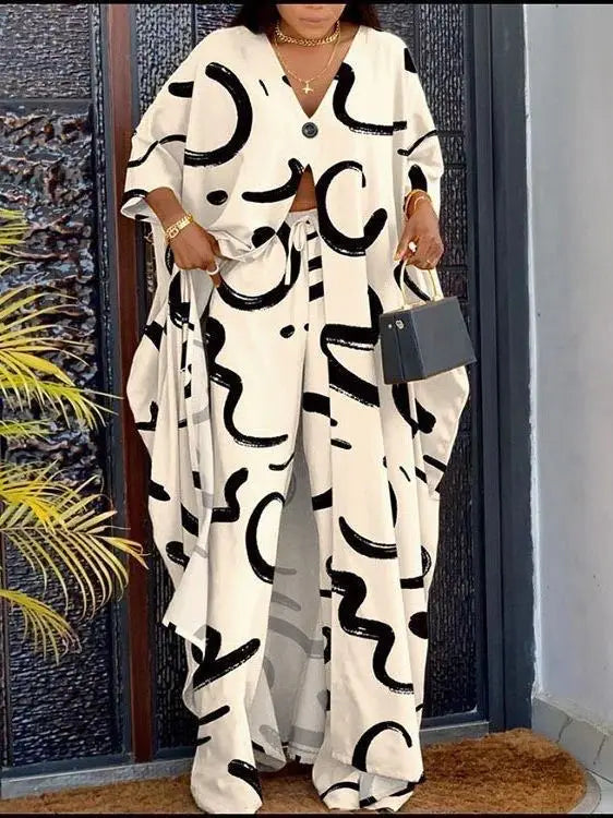 2 Piece Sets Women Print Suit Top Long Robe Wide Leg Pants Outfits Elastic Waist Lace Up Button V Neck Ensemble 2025 Office Lady
