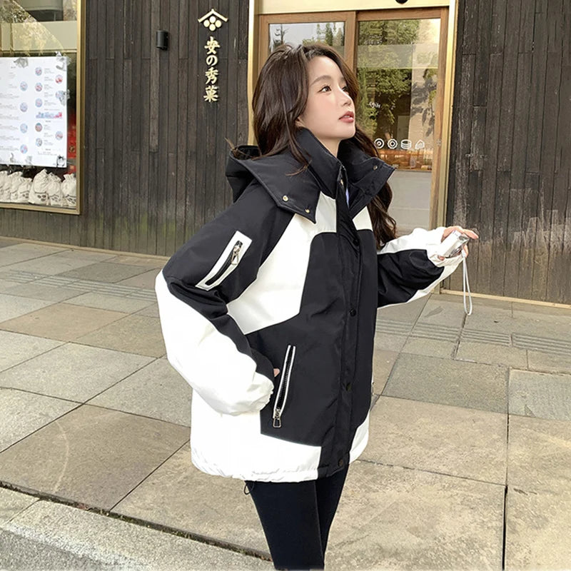 Black and White Patchwork Hiking Jacket Women Autumn Winter Winderproof Warm Hooded Zip Up Coat Korean Streetwear Couple Jackets