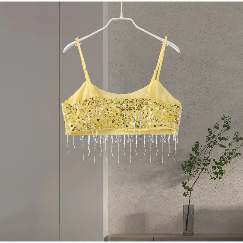 Sexy Tassel Sequins Vest Mini Skirt Women Crop Sling Vests Short Hip Package A-line Skirts 2026 Summer Lady Beach Party Outfits