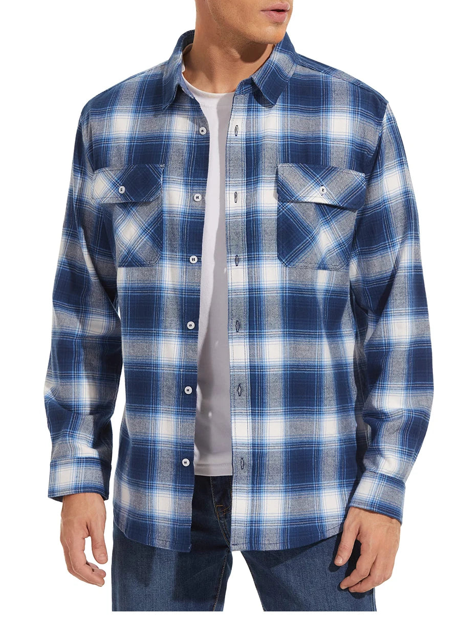 MAGCOMSEN Autumn Windproof Men's Flannel Shirt Warm Long Sleeve Casual Plaid Shirts with Two Chest Pockets