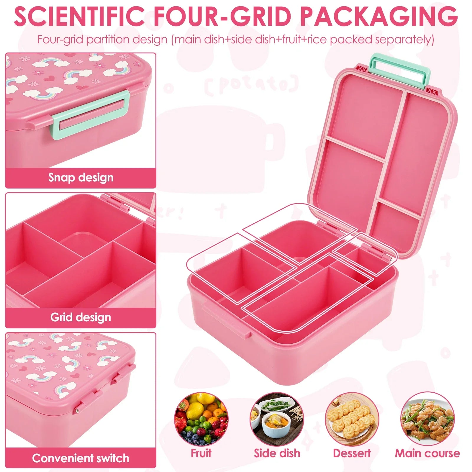 Adorable Kids Lunch Box Student Microwave Safe Travel Bento Box Food Container Portable Leak Proof Fruit Salad Bento Box 1700ml