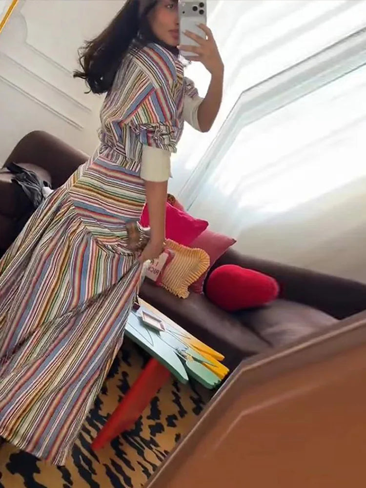 Multicolor Striped Shirt 2 Picec Set Button Front Blouse High Waist Flared Hem Maxi Skirt 2026 Summer Elegant Lady Vacation Suit
