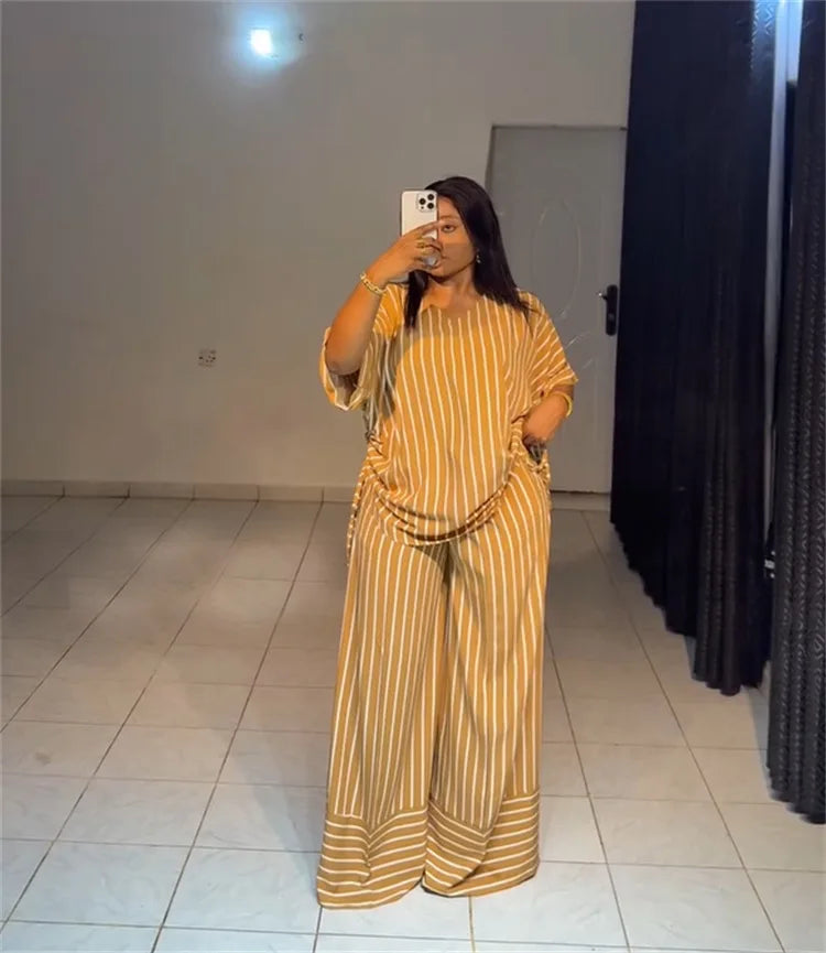 Pant Set Women Two Piece Sets V Neck Short Sleeve Drawstring Shirt Striped Wide Leg Long Pants Elastic Waist Y2k Streetwear 2026