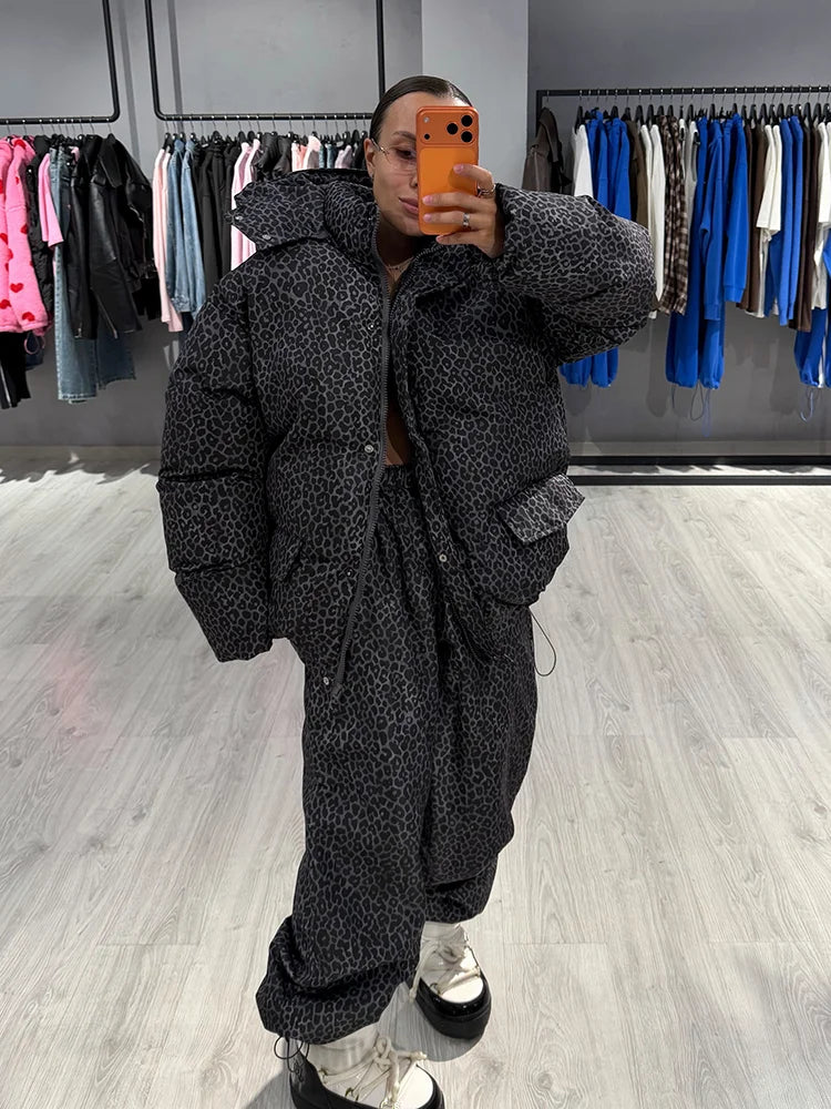 Leopard Print Women's Winter Down Jacket Pant Set Hooded Full Sleeve Zipper Jacket Elastic Waist Pants 2026 Warm Padded Coat Set
