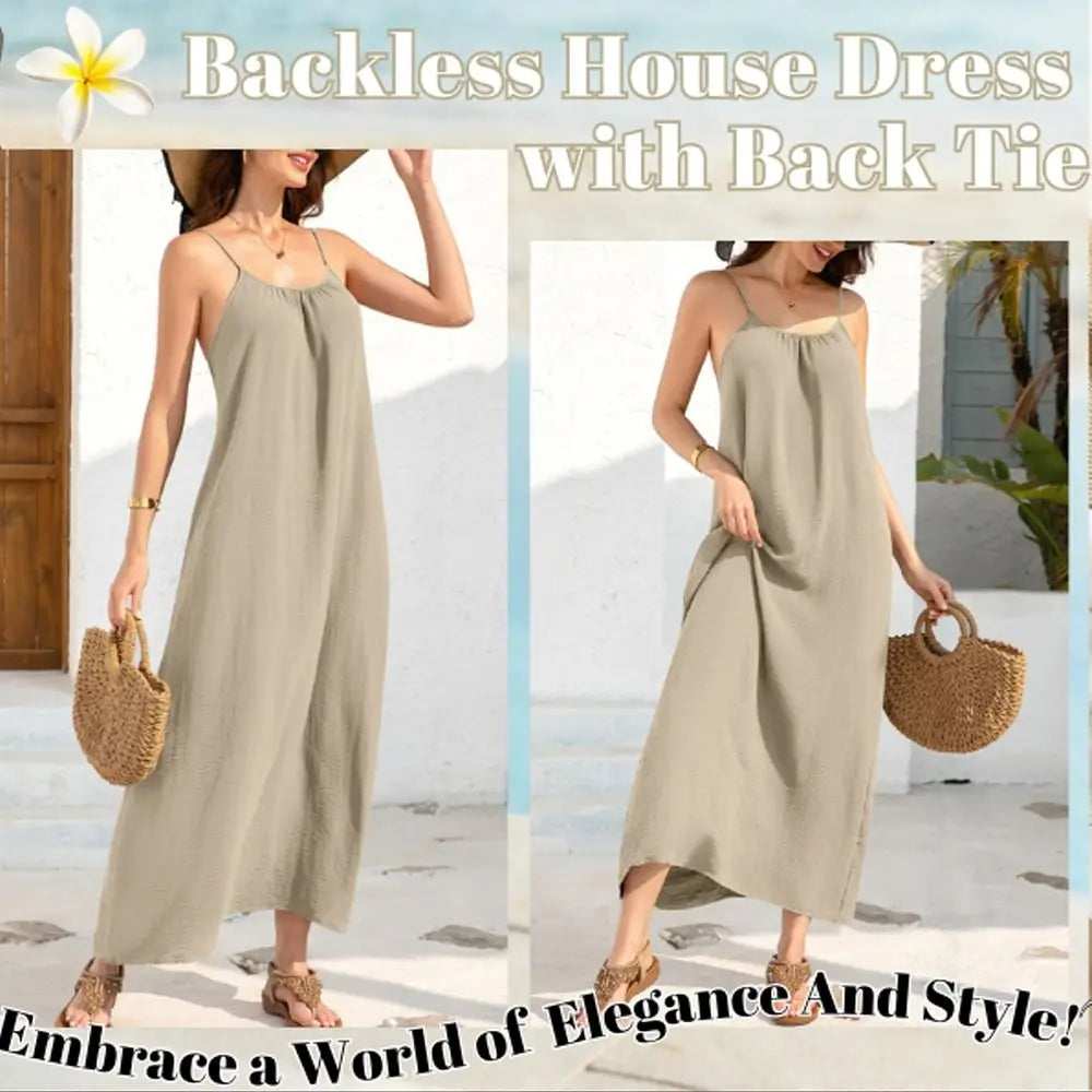 New with Back Tie Backless Cami Dresses Pure Color Soft Backless Sleeveless Comfortable Long Sundress for Women