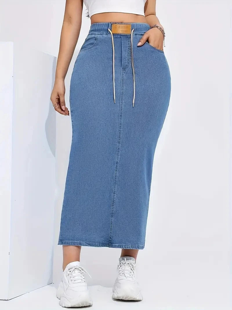 Women's long denim skirt with elastic waist, drawstring, logo patch, slit at the side, A-shaped hip-hugging skirt